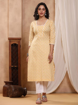 Baisacrafts - Chand Mustard Block print Kurti with Crochet lace