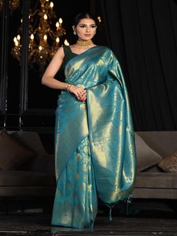 Beatitude - Bluish Green Golden Tint Soft Silk Banarasi Woven Saree with Unstitched Blouse