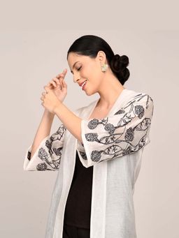 Saltpetre - Pearl White Hand Embroidered Motif Chanderi Silk Juniper Overlay