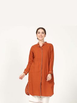 Saltpetre - Autumn Rust With Contrast Edging Organic Cotton Long Shirt