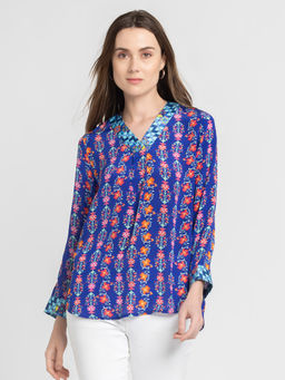 SHAYE - Women Blue Floral Print Full Sleeves Casual Top