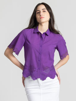 SHAYE - Women Purple Half Sleeves Casual Cotton Schiffli Lace Shirt