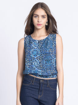 SHAYE - Women Blue Animal Print Sleeveless Casual Top