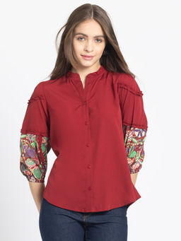 SHAYE - Women Red Solid Three-Quarter Sleeves Casual Top