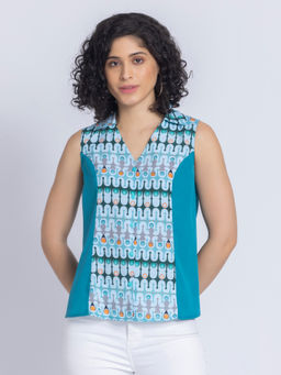 SHAYE - Women Blue Printed Sleeveless Casual Top