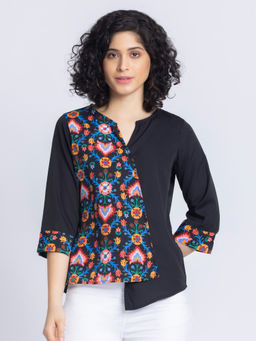 SHAYE - Women Black Floral Print Three-Quarter Sleeves Casual Top