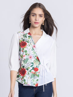 SHAYE - Women White Floral Print Three-Quarter Sleeves Casual Top