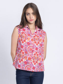 SHAYE - Women White Floral Print Sleeveless Casual Top