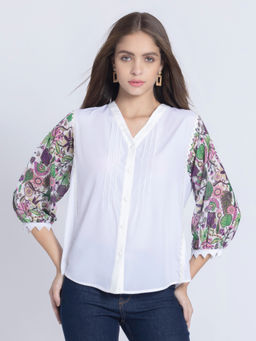 SHAYE - Women White Floral Print Balloon Sleeves Casual Top