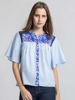 SHAYE - Women Blue Floral Print Flared Sleeves Casual Top