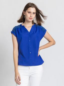 SHAYE - Women Blue Solid Cap Sleeves Casual Top