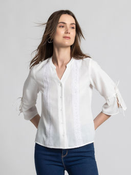 SHAYE - Women White Solid Three-Quarter Sleeves Casual Top