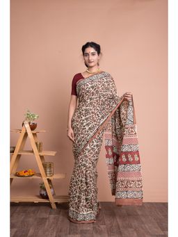 KISHORI - Bagru Kalamkari Pattern Hand Block Printed Cotton Mulmul Saree with Unstitched Blouse
