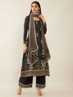 Soch - Black Machine Embroidery Cotton Unstitched Dress Material - 3 Meter Kurta Fabric