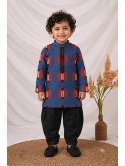 Little Collars - Blue Woven Full Sleeves All Over Printed Kurta with Pyjama