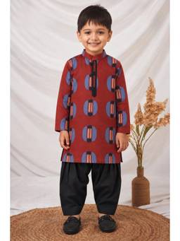 Little Collars - Red Woven Full Sleeves All Over Printed Kurta with Pyjama
