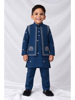 Little Collars - Teal Full Sleeves Placement Embroidered Kurta with Pyjama & Jacket