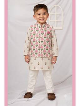 Little Collars - Pink Full Sleeves All Over Printed Kurta with Pyjama & Jacket