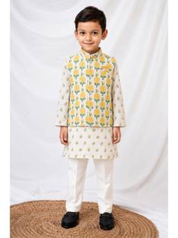 Little Collars - Yellow Full Sleeves All Over Printed Kurta with Pyjama & Jacket