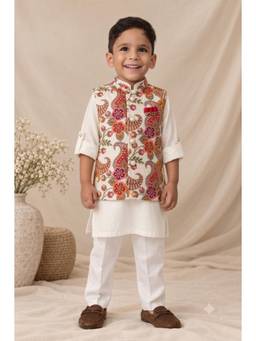 Little Collars - Off White Blended Full Sleeves Embroidered Kurta with Pyjama & Jacket