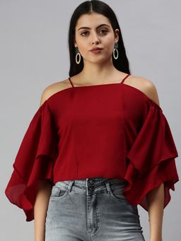 SHOWOFFFF - Women Shoulder Straps Flare Sleeves Solid Maroon Crop Top
