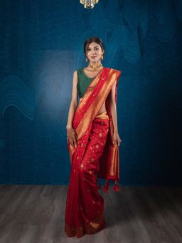 EXCLUSIVA - Red Pure Organza Silk & Meenakari Weaving Saree with Unstitched Blouse