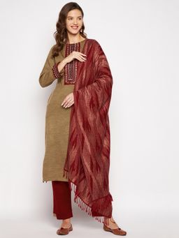 ZIGO - Womens Brown Embroidered Full Sleeve Kurta Pants with Stole (Set of 3)