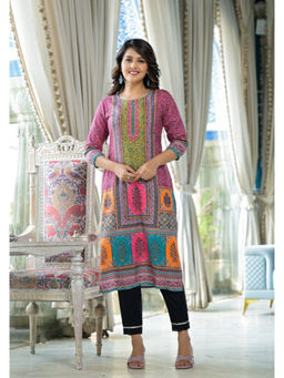 Juniper - Pink Floral Printed Liva Rayon Kurta