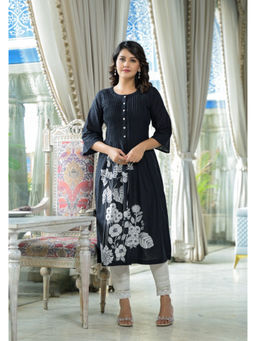 Juniper - Black Floral Printed Cotton Kurta with Button Detailing
