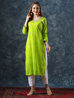 FASHOR - Lime Green Ethnic Printed Zari Embroidered Kurta
