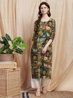 FASHOR - Green Animal Motif Printed and Embroidered Kurta
