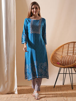 FASHOR - Blue Floral Printed Embellished Kurta