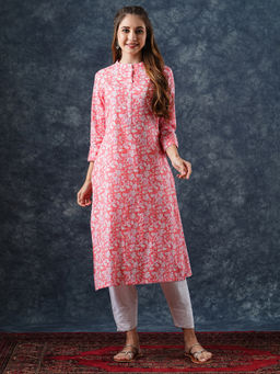 FASHOR - Peach Floral Printed Straight Fit Kurta