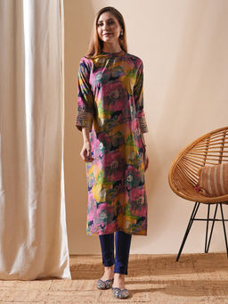 FASHOR - Multi-Color Floral Printed Zari and Sequins Embroidered Kurta