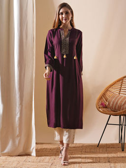 FASHOR - Burgundy Ethnic Mirror Work Embroidered Kurta