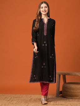 FASHOR - Black Floral Thread Work Embroidered Kurta