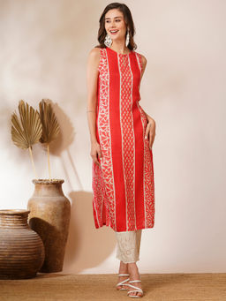 FASHOR - Red Ethnic Printed Straight Fit Kurta