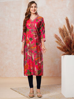 FASHOR - Pink Floral Printed Zari and Sequins Embroidered Kurta