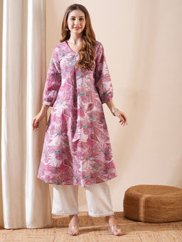 FASHOR - Mauve Tropical Floral Printed Flared Kurta