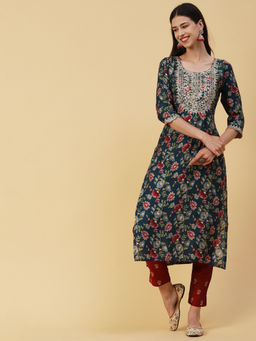 FASHOR - Teal Floral Printed Mirror Zari and Sequins Embroidered Kurta