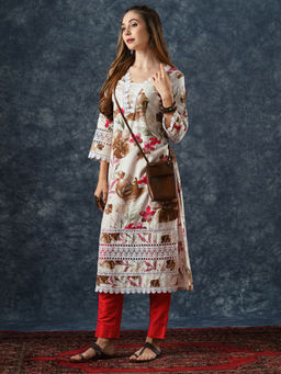 FASHOR - Off White Floral Printed Straight Fit Kurta