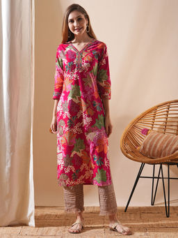 FASHOR - Pink Floral Printed Embroidered Kurta