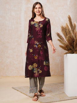 FASHOR - Burgundy Bold Floral Printed Straight Fit Kurta