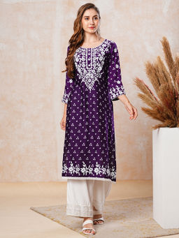 FASHOR - Deep Purple Printed and Chikankari Embroidered Kurta