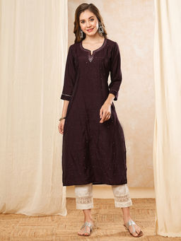 FASHOR - Burgundy Mirror Work Embroidered Kurta