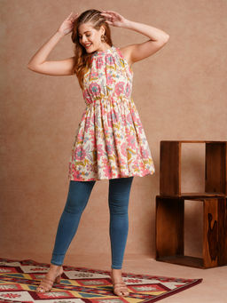 FASHOR - Cream Floral Printed A-Line Pleated Short Cotton Kurti