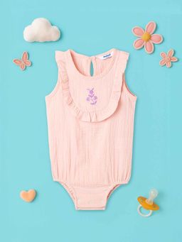 Nautinati - Girls Peach Cotton Embroidered Romper