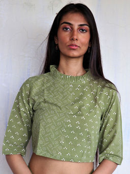 Chidiyaa - Olive Green Pure Cotton Block printed Blouse