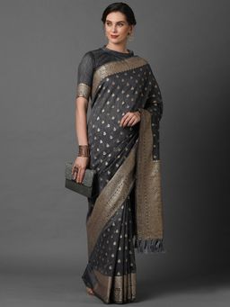 Akhilam - Grey Wedding Silk Blend Woven Design Saree with Unstitched