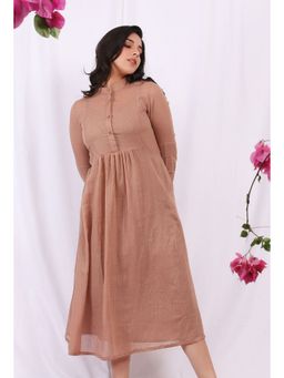 Tjori - Brown Kota Gathered and Flared Stripes Midi Dress